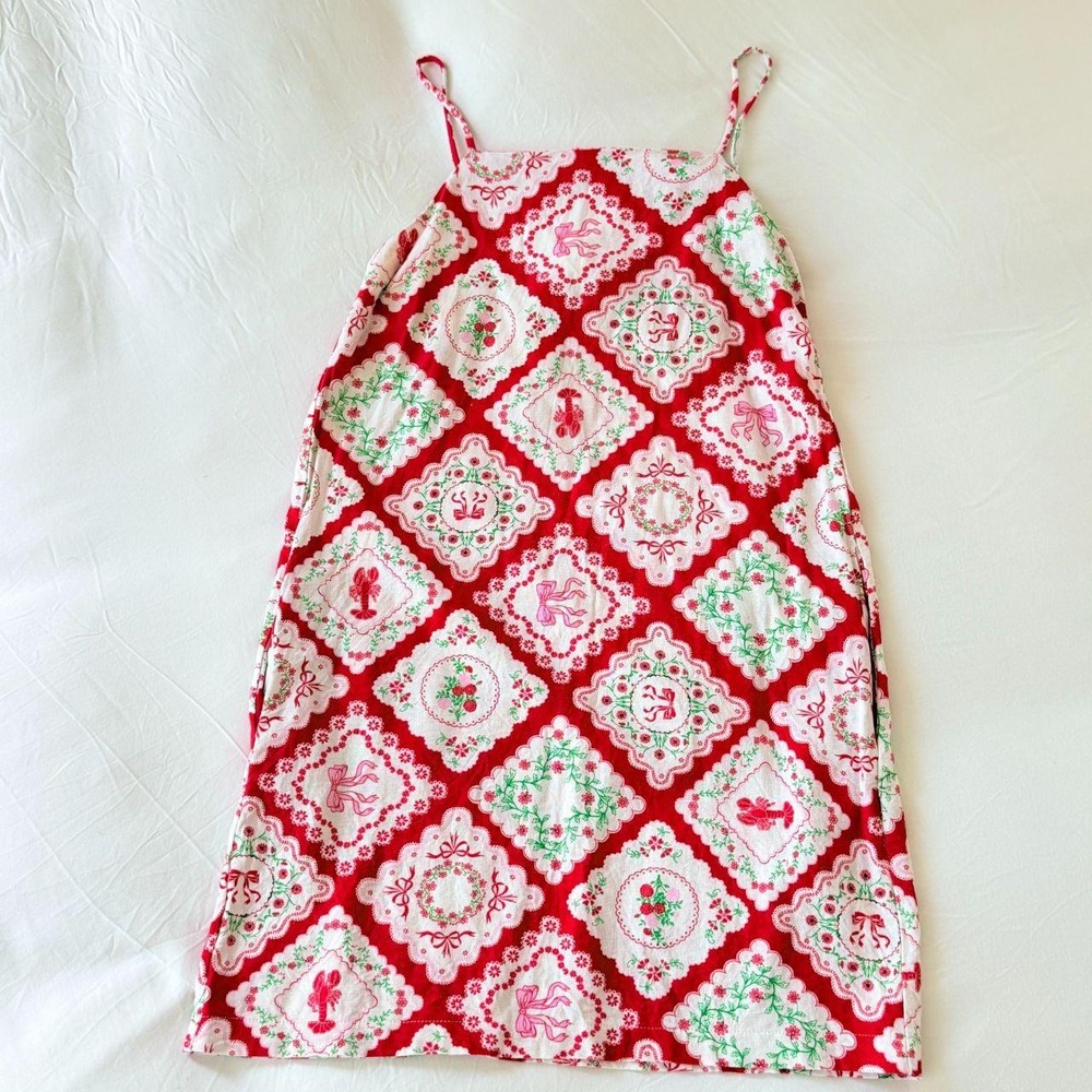 Monteau Los Angeles Red Coquette Linen Mini Dress Lobster Bow Floral XS